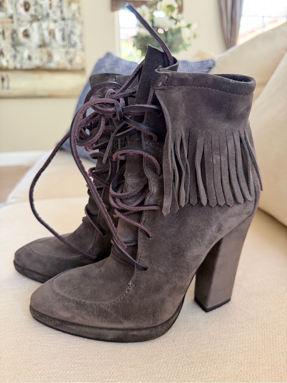 Giuseppe Zanotti Taupe Suede Fringe Lace-Up Ankle Boots